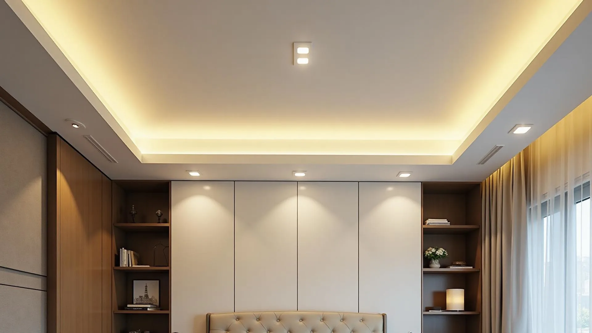 Quarto moderno com forro de gesso e iluminação LED embutida em Campinas