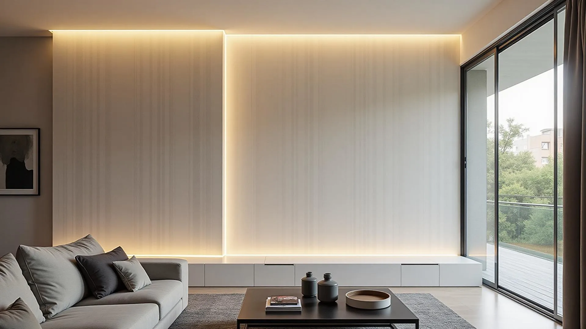 Sala moderna com sanca de gesso e iluminação LED em Campinas
